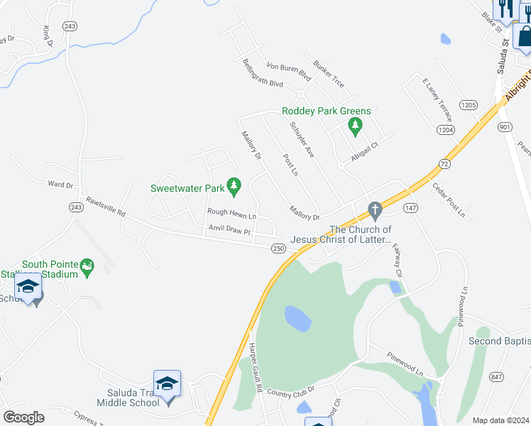 map of restaurants, bars, coffee shops, grocery stores, and more near 113 Rock Springs Way in Rock Hill