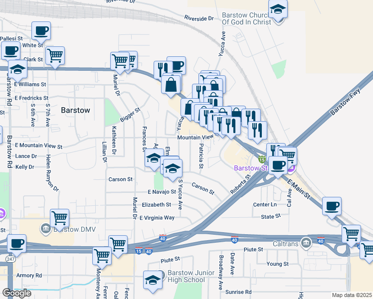 map of restaurants, bars, coffee shops, grocery stores, and more near 640 Stevens Avenue in Barstow