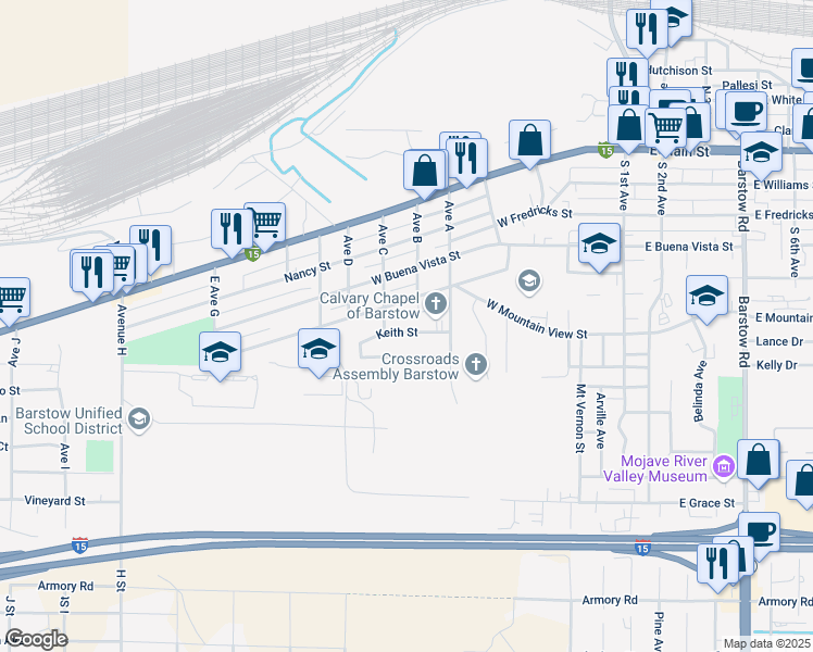 map of restaurants, bars, coffee shops, grocery stores, and more near 811 Keith Street in Barstow