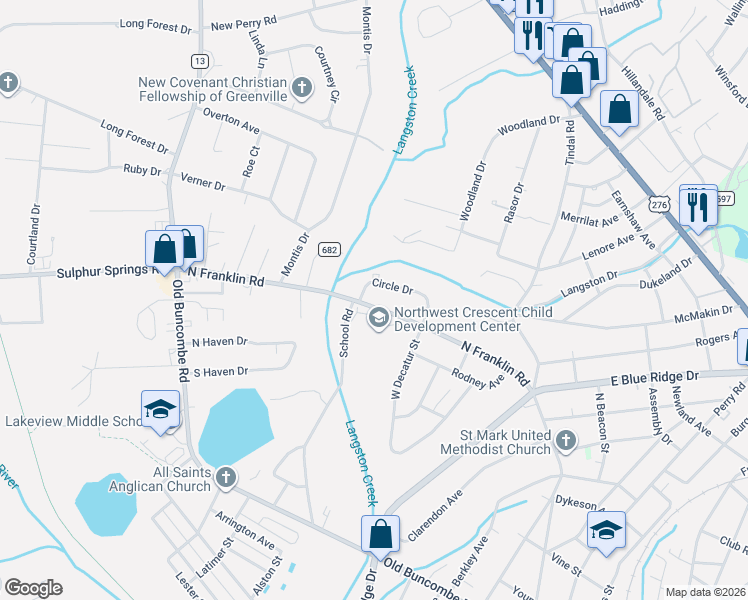map of restaurants, bars, coffee shops, grocery stores, and more near 996 North Franklin Road in Greenville