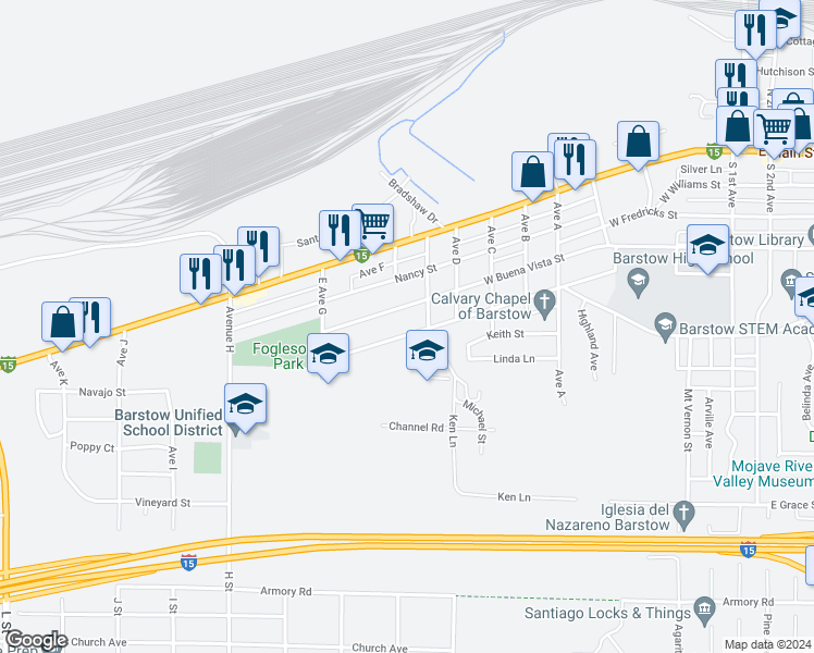 map of restaurants, bars, coffee shops, grocery stores, and more near 1141 Flora Street in Barstow