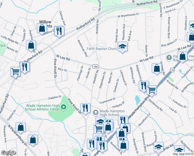 map of restaurants, bars, coffee shops, grocery stores, and more near 128 Waddell Road in Greenville