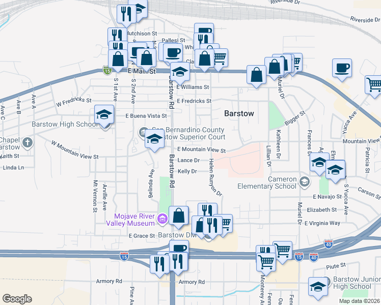 map of restaurants, bars, coffee shops, grocery stores, and more near 560 East Mountain View Street in Barstow