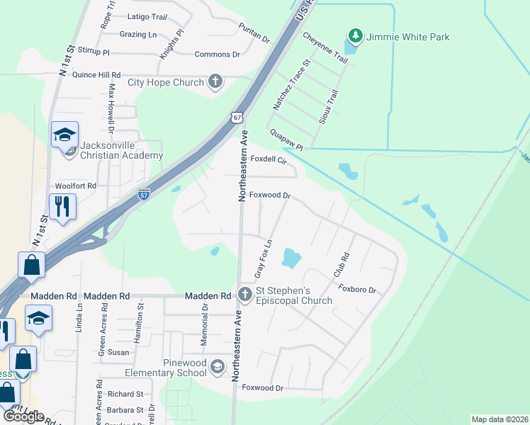 map of restaurants, bars, coffee shops, grocery stores, and more near 2810 Fox Glenn Street in Jacksonville