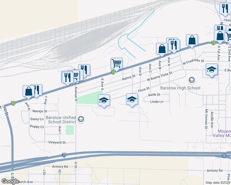 map of restaurants, bars, coffee shops, grocery stores, and more near 1240 West Buena Vista Street in Barstow