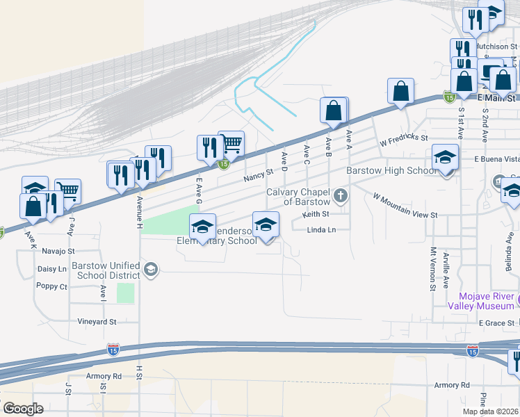 map of restaurants, bars, coffee shops, grocery stores, and more near 1141 Flora Street in Barstow