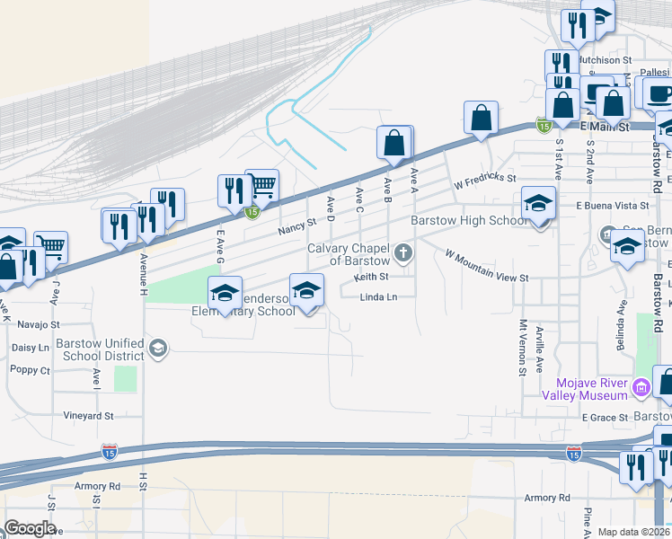 map of restaurants, bars, coffee shops, grocery stores, and more near 960 Flora Street in Barstow