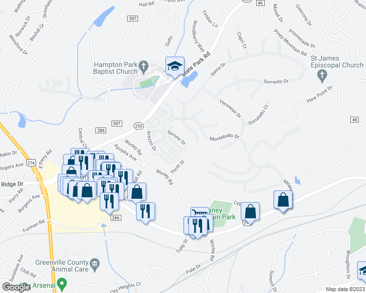 map of restaurants, bars, coffee shops, grocery stores, and more near 328 Sorono Drive in Greenville