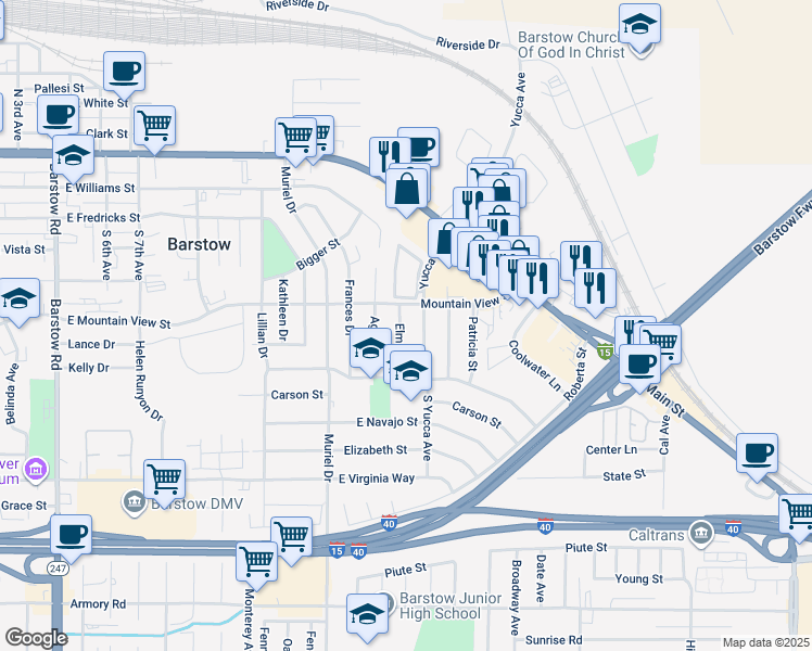 map of restaurants, bars, coffee shops, grocery stores, and more near 631 Elm Drive in Barstow