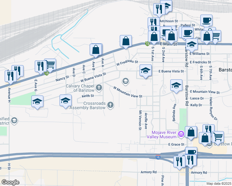 map of restaurants, bars, coffee shops, grocery stores, and more near 429 Highland Avenue in Barstow