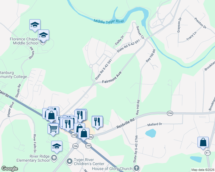 map of restaurants, bars, coffee shops, grocery stores, and more near 801 Fairmont Avenue in Spartanburg