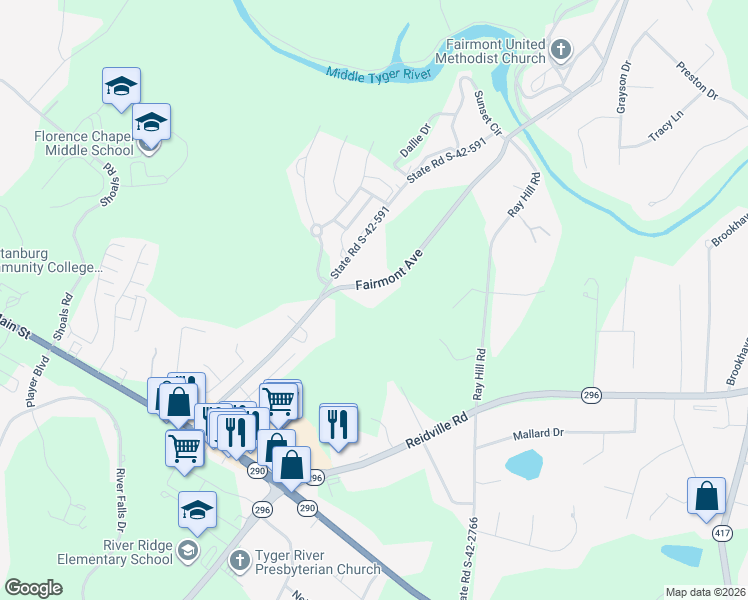map of restaurants, bars, coffee shops, grocery stores, and more near 801 Fairmont Avenue in Spartanburg
