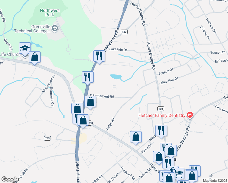 map of restaurants, bars, coffee shops, grocery stores, and more near 21 East Settlement Road in Greenville