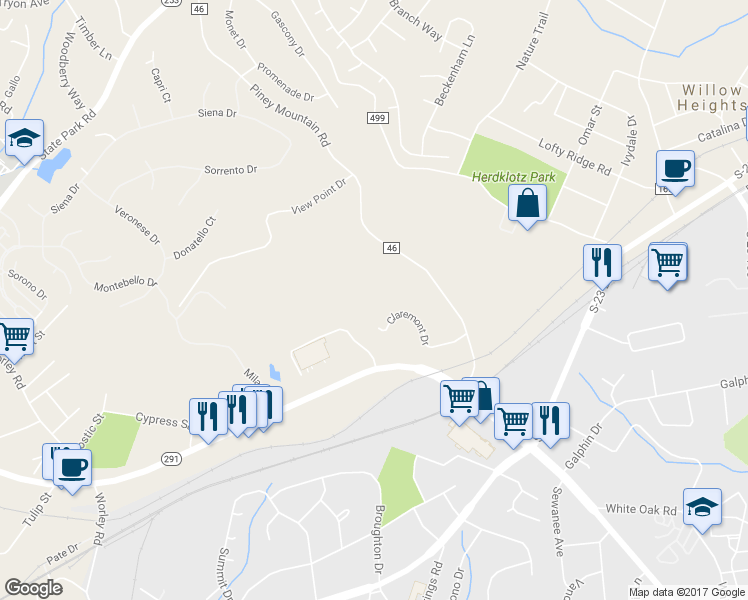 map of restaurants, bars, coffee shops, grocery stores, and more near 200 Claremont Drive in Greenville