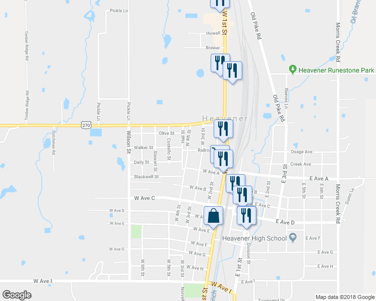 map of restaurants, bars, coffee shops, grocery stores, and more near 200 West 4th Street in Heavener