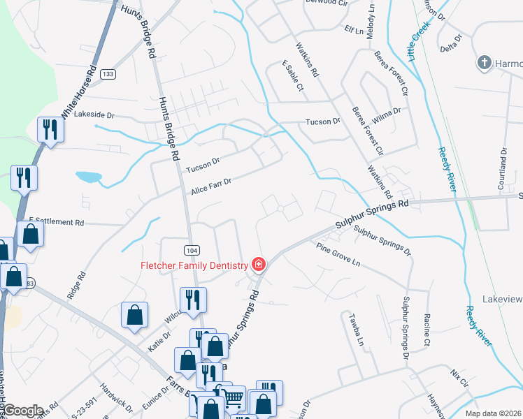 map of restaurants, bars, coffee shops, grocery stores, and more near 111 Hiwassee Drive in Greenville