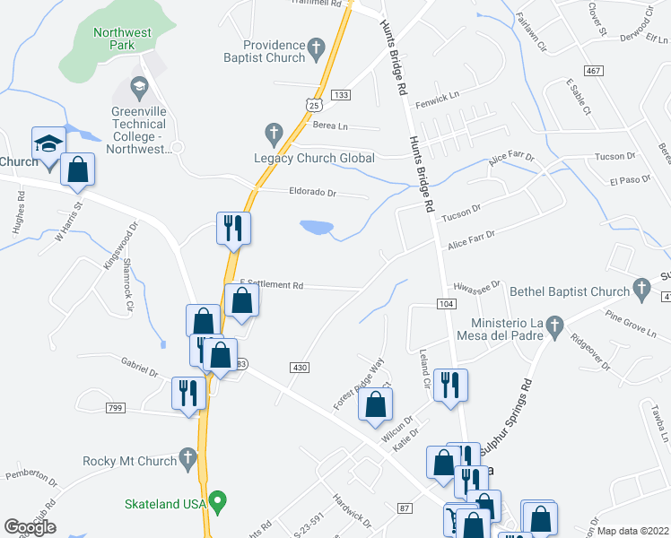 map of restaurants, bars, coffee shops, grocery stores, and more near 101 East Settlement Road in Greenville
