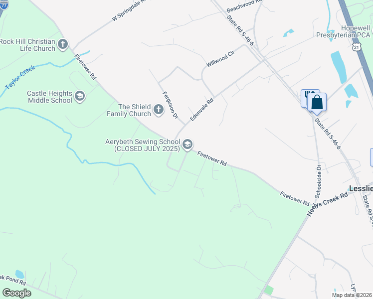 map of restaurants, bars, coffee shops, grocery stores, and more near 2554 Firetower Road in Rock Hill