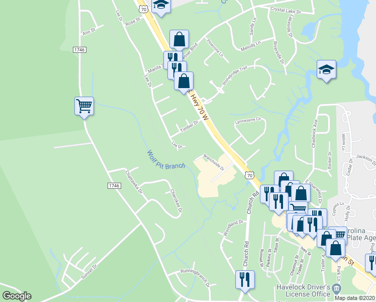 map of restaurants, bars, coffee shops, grocery stores, and more near 372 Lee Drive in Havelock