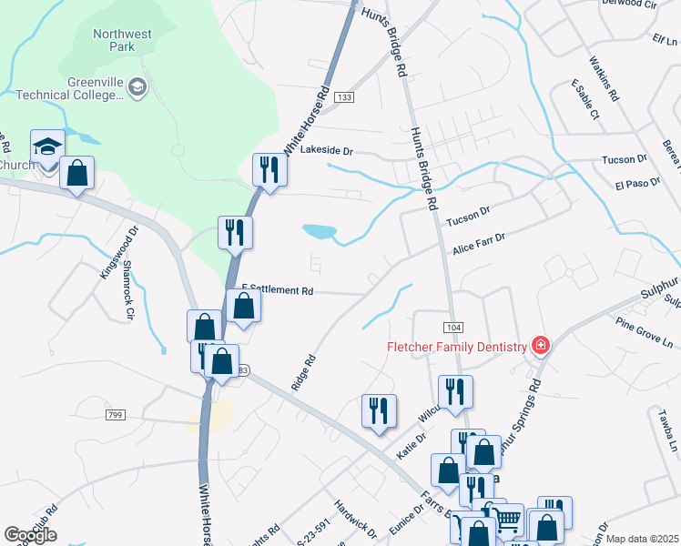 map of restaurants, bars, coffee shops, grocery stores, and more near 101 East Settlement Road in Greenville