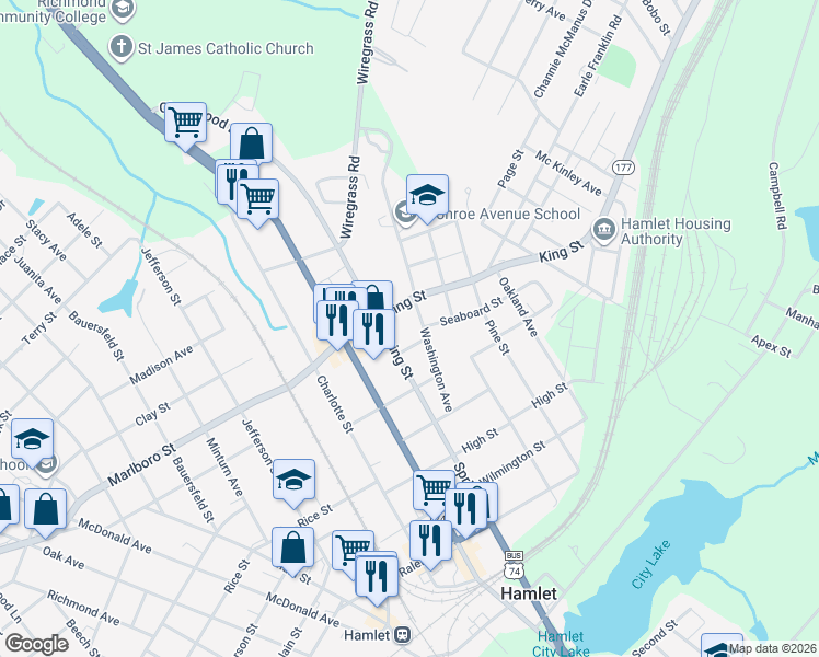 map of restaurants, bars, coffee shops, grocery stores, and more near 601 Washington Avenue in Hamlet