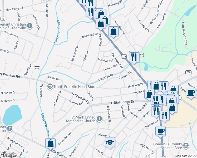 map of restaurants, bars, coffee shops, grocery stores, and more near 320 Langston Drive in Greenville