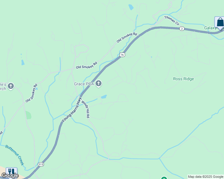 map of restaurants, bars, coffee shops, grocery stores, and more near 109 Sandy Lane in Blairsville