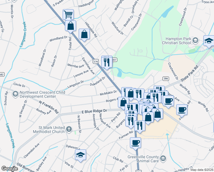 map of restaurants, bars, coffee shops, grocery stores, and more near 201 Von Hollen Drive in Greenville