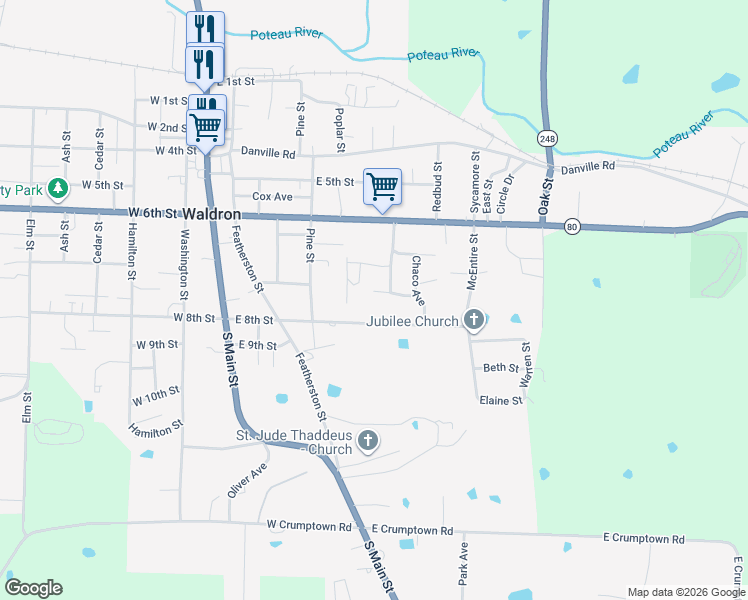 map of restaurants, bars, coffee shops, grocery stores, and more near 600 East 8th Street in Waldron
