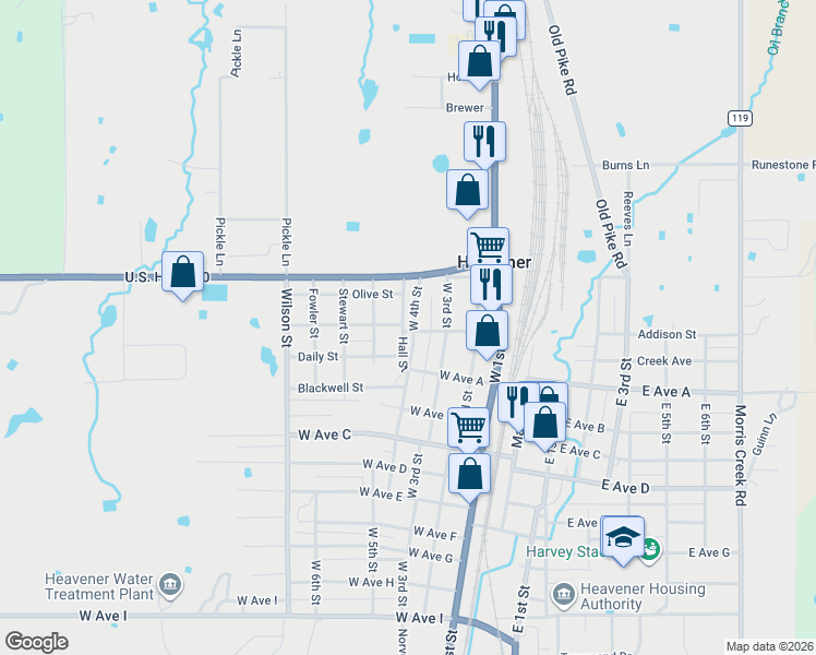 map of restaurants, bars, coffee shops, grocery stores, and more near 200 West 4th Street in Heavener