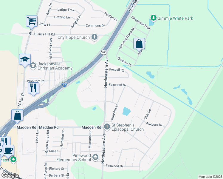 map of restaurants, bars, coffee shops, grocery stores, and more near 2810 Fox Glenn Street in Jacksonville