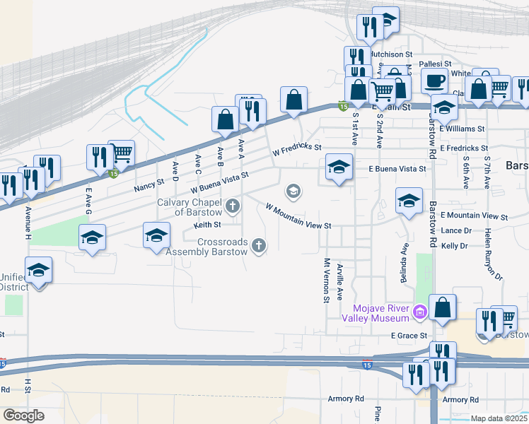 map of restaurants, bars, coffee shops, grocery stores, and more near 429 Highland Avenue in Barstow