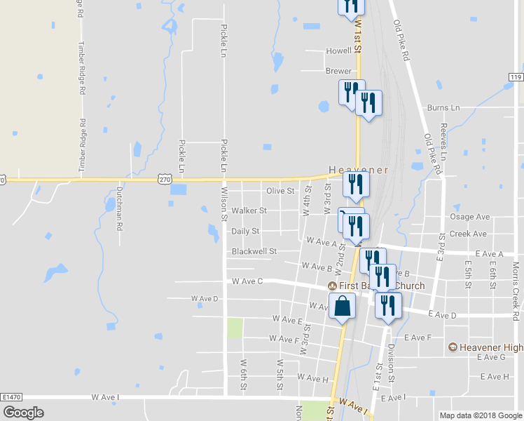 map of restaurants, bars, coffee shops, grocery stores, and more near 298 Walker Street in Heavener