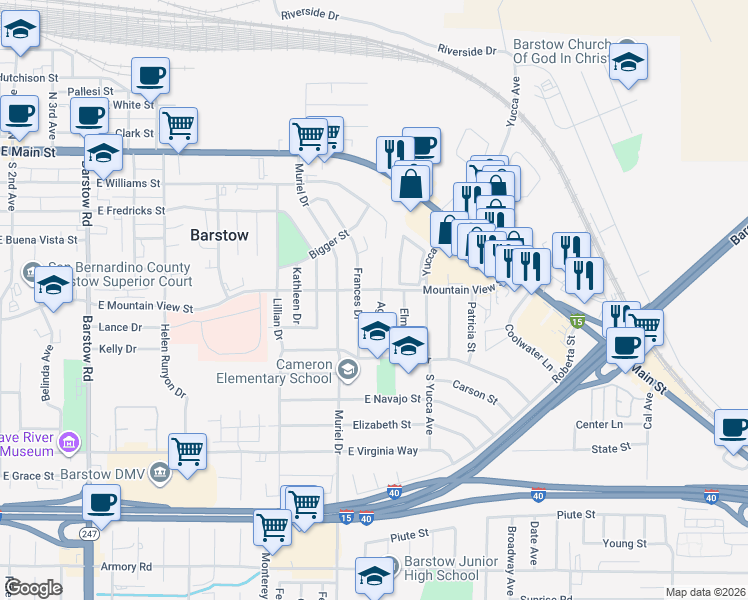 map of restaurants, bars, coffee shops, grocery stores, and more near 610 Agnes Drive in Barstow