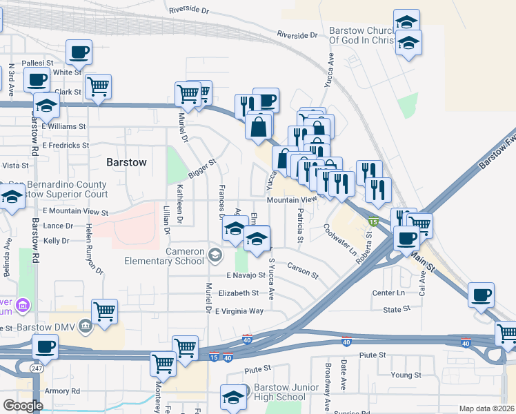map of restaurants, bars, coffee shops, grocery stores, and more near 641 Elm Drive in Barstow