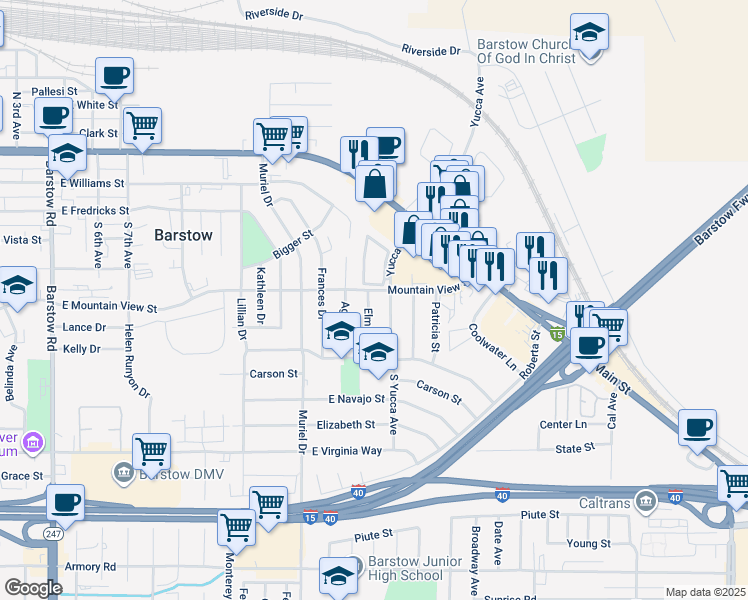 map of restaurants, bars, coffee shops, grocery stores, and more near 641 Elm Drive in Barstow