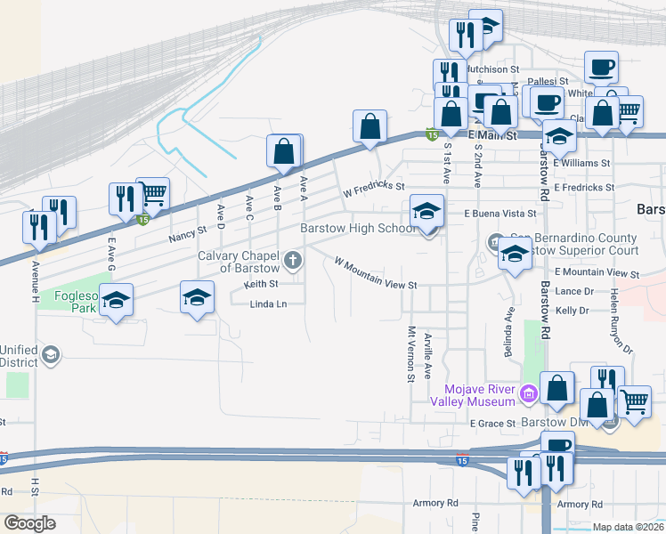map of restaurants, bars, coffee shops, grocery stores, and more near 429 Highland Avenue in Barstow