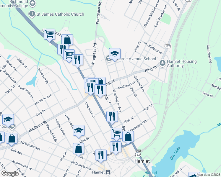 map of restaurants, bars, coffee shops, grocery stores, and more near 601 Washington Avenue in Hamlet
