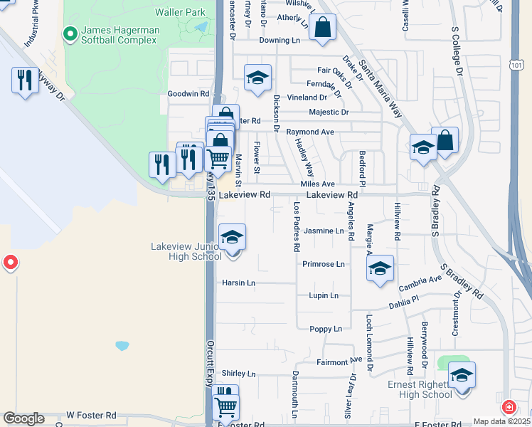 map of restaurants, bars, coffee shops, grocery stores, and more near 3645 Dixie Lee Drive in Santa Maria