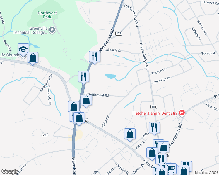 map of restaurants, bars, coffee shops, grocery stores, and more near 21 East Settlement Road in Greenville