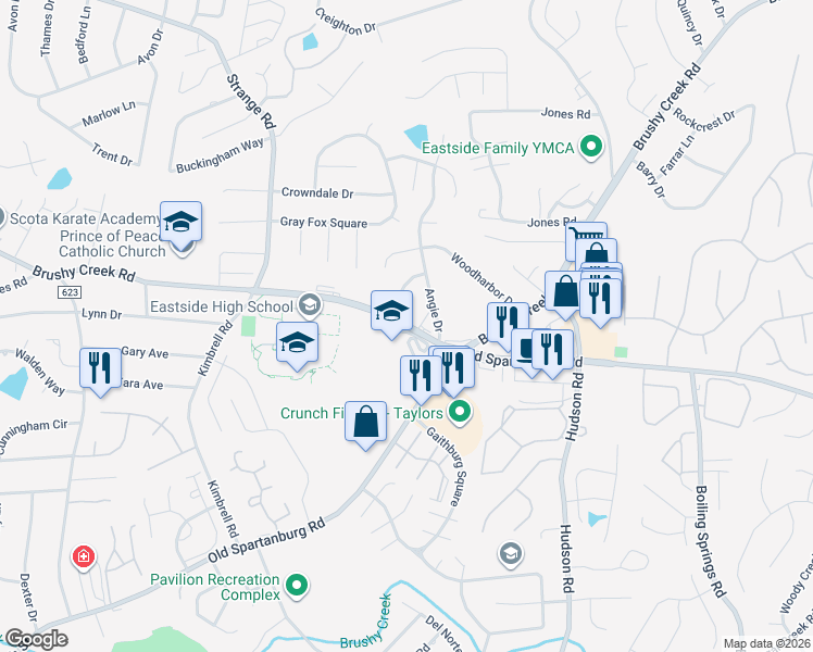 map of restaurants, bars, coffee shops, grocery stores, and more near 1344 Brushy Creek Road in Taylors