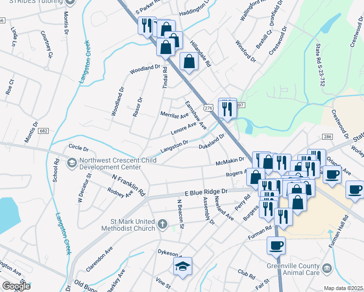 map of restaurants, bars, coffee shops, grocery stores, and more near 218 Dukeland Drive in Greenville