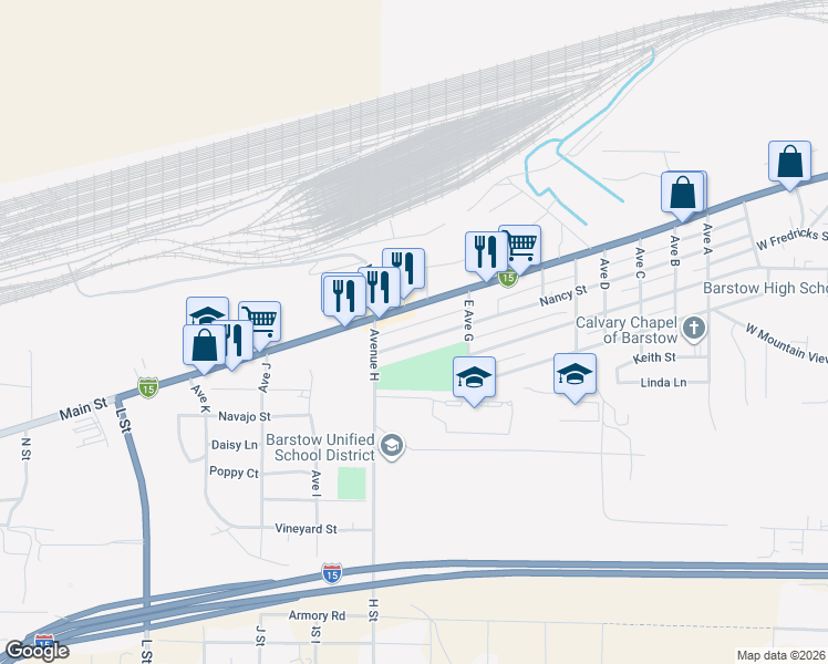 map of restaurants, bars, coffee shops, grocery stores, and more near 1511 Nancy Street in Barstow