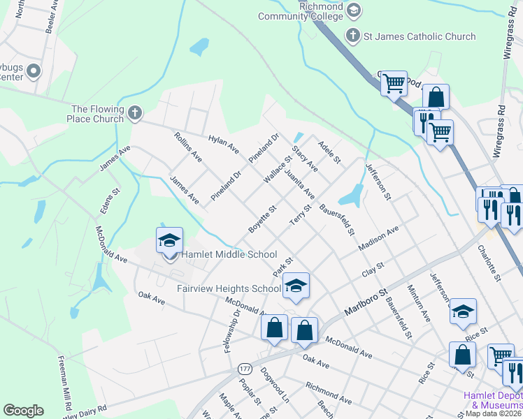 map of restaurants, bars, coffee shops, grocery stores, and more near 709 Rollins Avenue in Hamlet