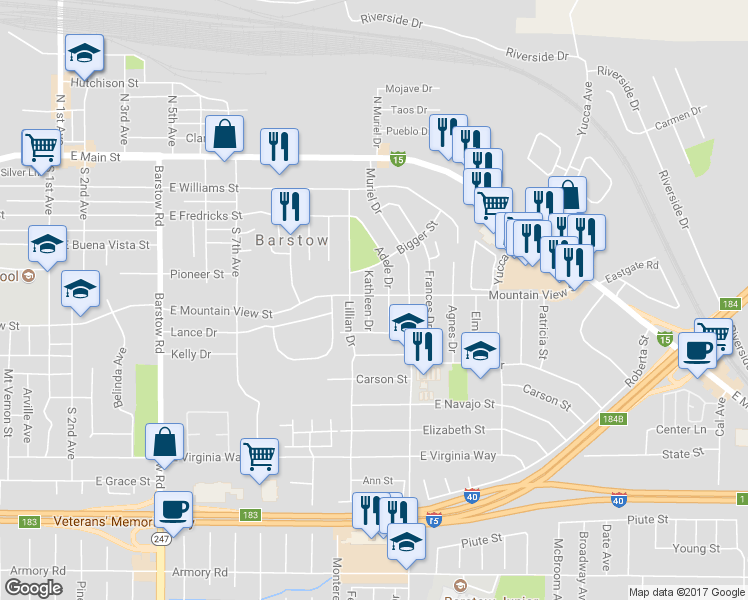 map of restaurants, bars, coffee shops, grocery stores, and more near 601 Kathleen Drive in Barstow