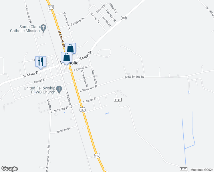 map of restaurants, bars, coffee shops, grocery stores, and more near 420 East Sampson Street in Magnolia