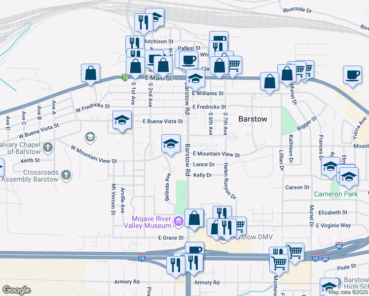 map of restaurants, bars, coffee shops, grocery stores, and more near 530 Barstow Road in Barstow