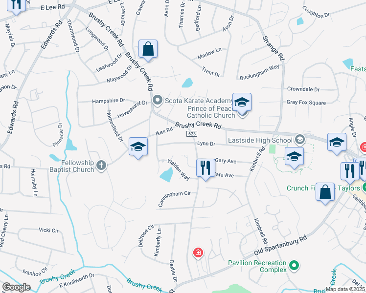 map of restaurants, bars, coffee shops, grocery stores, and more near 14 Lynn Drive in Taylors