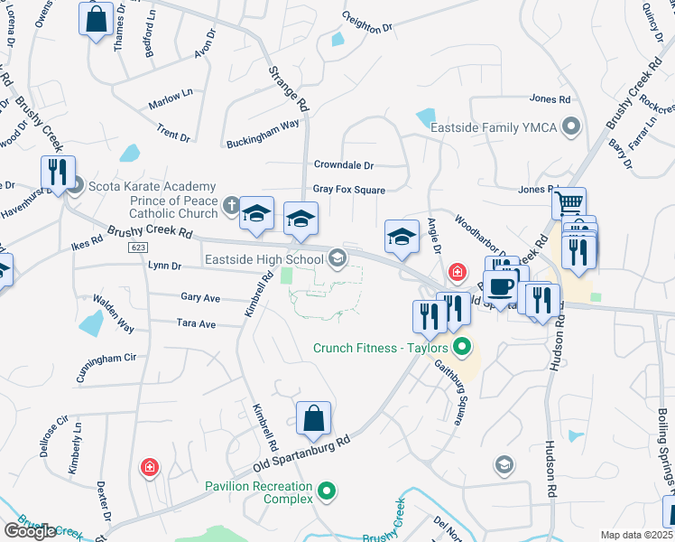 map of restaurants, bars, coffee shops, grocery stores, and more near 1300 Brushy Creek Road in Taylors