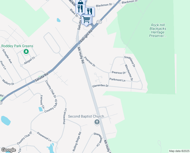 map of restaurants, bars, coffee shops, grocery stores, and more near 1041 Glenarden Drive in Rock Hill